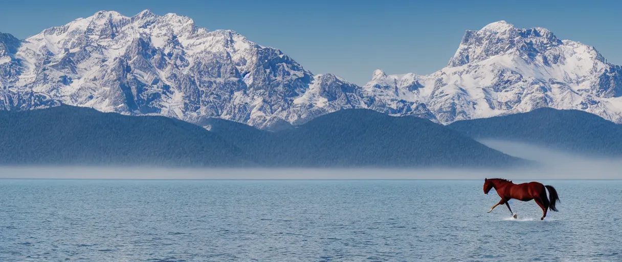 Prompt: horse swiming through large lake, snowed mountains in the background, huge view panoramic, beautiful landscape