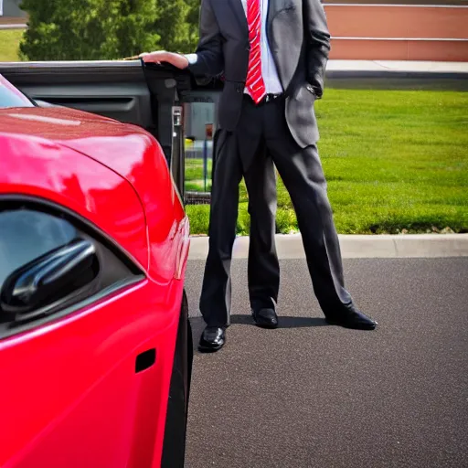 Prompt: photo of saul goodman at the mcdonald's drive thru in his red 2 0 1 4 dodge dart, taken with a canon eos 5 d,