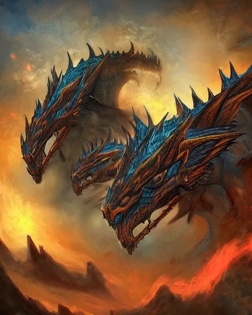 Image similar to an epic action concept masterpiece of an exquisite three headed dragon, inspired by sd ai. digital art