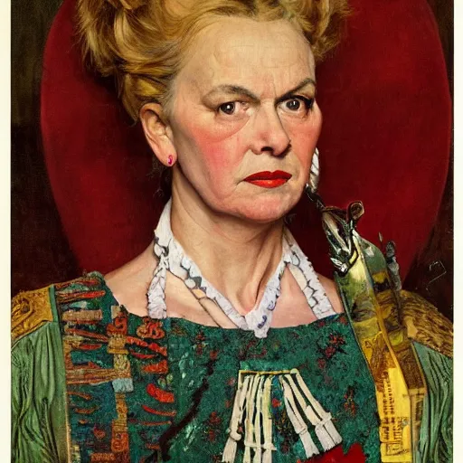 Prompt: Frontal portrait of a maximalist queen of fictional ethnicity. A painting by Norman Rockwell.