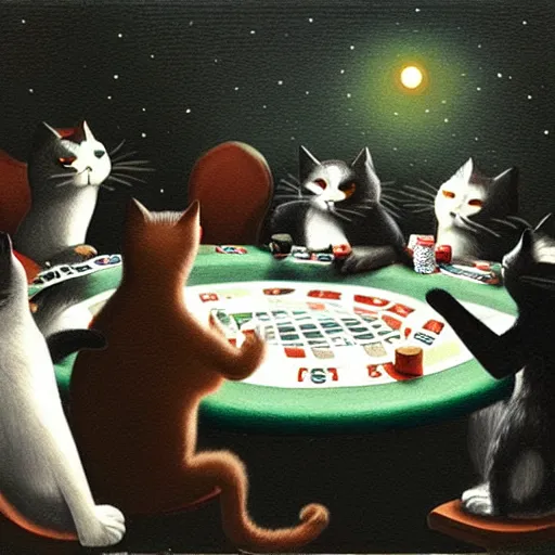 Prompt: a gang of cats playing poker at night