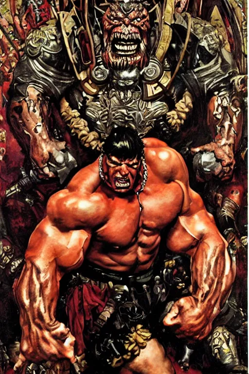 Prompt: full body portrait of huge hulking rich piana as demonic emperor, simple background, painted by jack kirby, lawrence alma tadema, norman rockwell, greg staples, wayne barlow, jacob collins, neville page