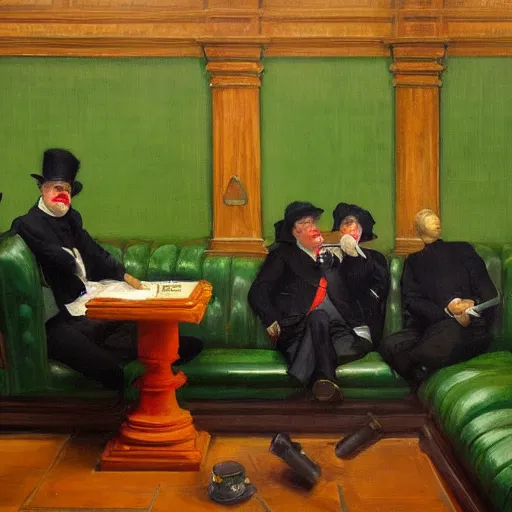 Prompt: a highly detailed fine art painting of multiple british members of parliament in the house of commons wearing clown costumes and smoking. in the style of edward hopper, richard hamilton. concept art. whimsical. green leather benches. colour graded by rembrandt. sharp oil painting. 8 k