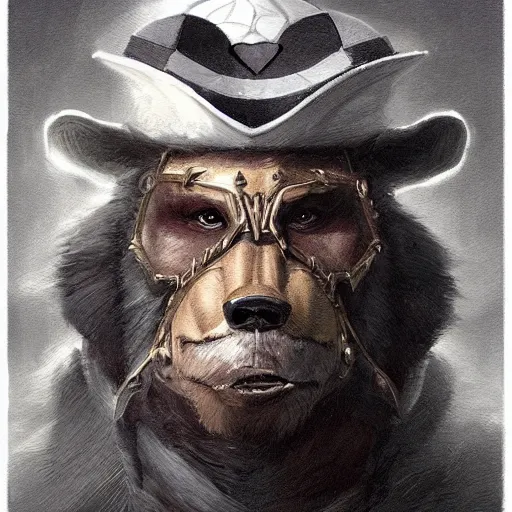 Image similar to dashing charming grinning charismatic bear beast-man rogue, wearing captain's tricorne hat, naval background, amazing, lifelike award winning pencil illustration trending on art station artgerm Greg rutkowski cinematic