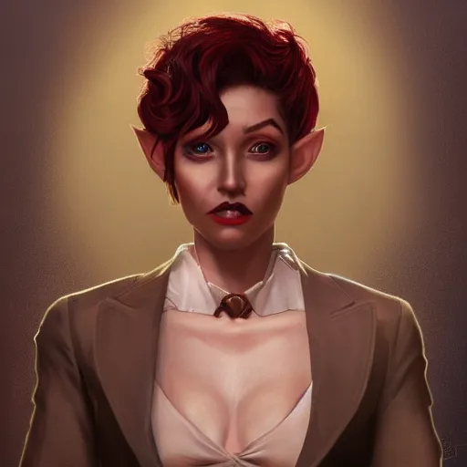 Image similar to portrait of a beautiful nonbinary actor with dark tan skin and messy short red hair wearing a men's suit, she has elf ears and gold eyes, by Gerald Brom and Ross Tran, dramatic lighting, 4K, trending on artstation