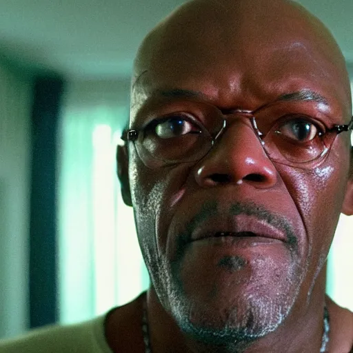 Image similar to a cinematic film still of Samuel L. Jackson starring in The Shining, portrait, 40mm lens, shallow depth of field, close up, split lighting, cinematic