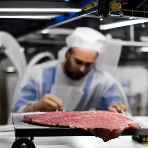 Prompt: 3 d printer printing a steak, in a factory, technician working