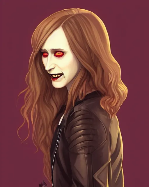 Image similar to pretty female Taissa Farmiga vampire, Jamie McKelvie comic art, Peter Mohrbacher, sharp vampire teeth, sarcastic smile showing teeth, symmetrical eyes, realistic face, symmetrical face, brown leather jacket, jeans, long black hair, full body