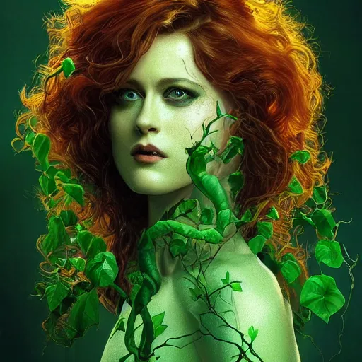 Image similar to full figure ultra realistic illustration, evan rachel wood as poison ivy with curly hair and green skin, intricate, elegant, highly detailed, digital painting, artstation, concept art, smooth, sharp focus, illustration, art by artgerm and greg rutkowski and alphonse mucha