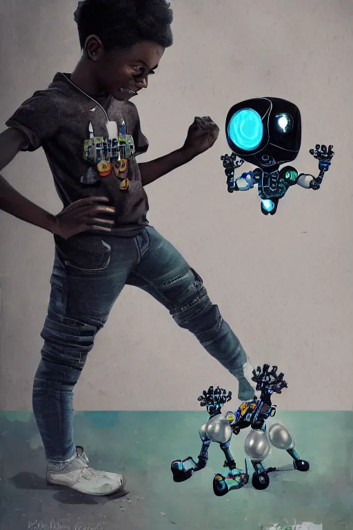 Image similar to a black kid playing with a futuristic robot in the nature, mixing solarpunk, afropunk, cyberpunk, ( ( ( ( volumetric light ) ) ) ), high angle, part by pearl fryar, part by prince damah, sunny day, trending on artstation, cinematic view, illustration, painting, realistic
