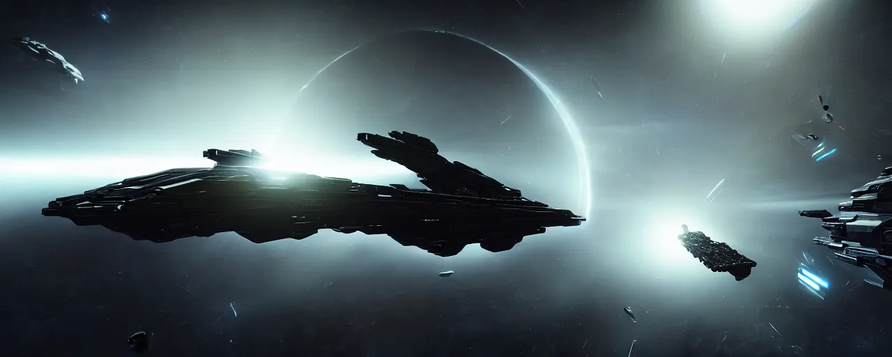 Prompt: eve online movie still, epic beautiful space scifi, dark space opera, highly detailed, chiaroscuro, volumetric lighting, octane render, majestic, mysterious, double - exposure, light, tones of black in background, sublime, soft lighting, ray tracing global illumination, translucid luminescence, lumen reflections