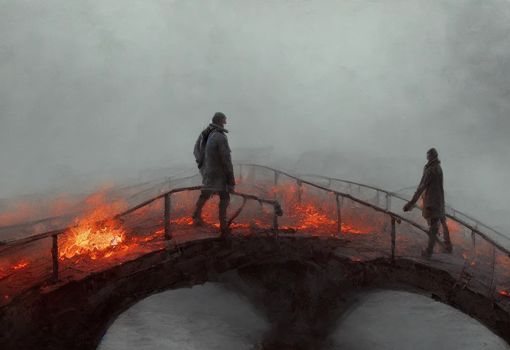 Prompt: a man standing on a burning bridge, artstation, jakub rozalski, high detail, dramatic lighting, night, fog