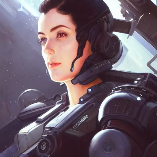Prompt: woman dressed in scifi military uniform with black hair and blue eyes in a giant robot cockpit, elegant, digital illustration, detailed, intricate, sharp focus, digital painting, deep focus, digital painting, artstation, concept art, matte, art by artgerm and greg rutkowski and alphonse mucha