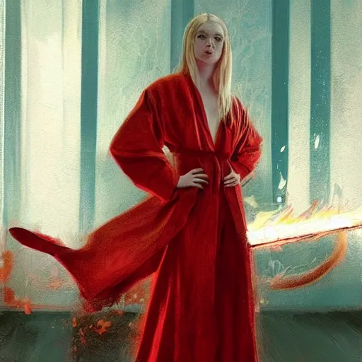 Prompt: a striking hyper real painting of Elle Fanning in a red cultist robe, fire lit, by Craig Mullins