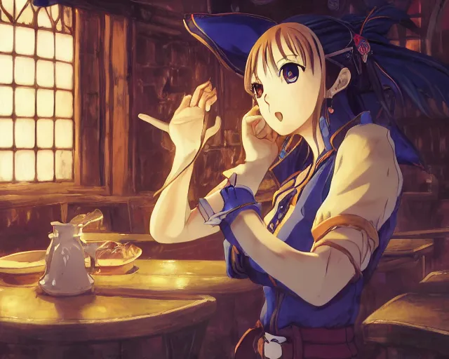 Image similar to anime visual, portrait of a young female in a busy fantasy medieval tavern interior at night, face by yoh yoshinari, murata range, last exile, blue submarine no 6, dynamic pose, dynamic perspective, detailed silhouette, rich texture, seven deadly sins anime, flat, anime cels, matte color, flat lighting on face, rounded eyes