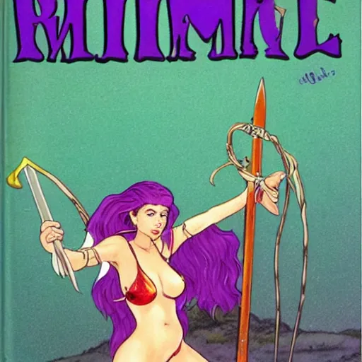 Prompt: 1 9 8 0 s fantasy novel book cover, a bimbo in a string bikini holds a huge sword and fights a dragon
