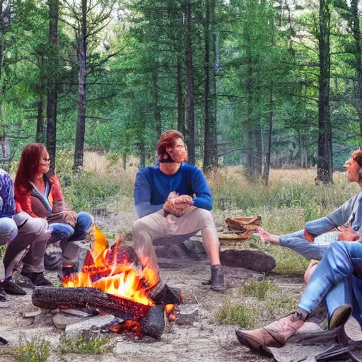 Prompt: angles in heaven looking at 6 people around a campfire, realistic