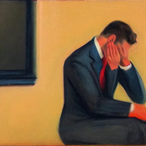 Image similar to a man in a suit who is crying, in the style of Edward hopper, 4k,