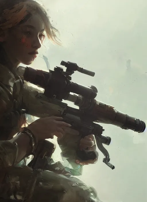 Image similar to of a sniper girl in war, portrait, by ruan jia and ross tran, detailed, epic, video game art.