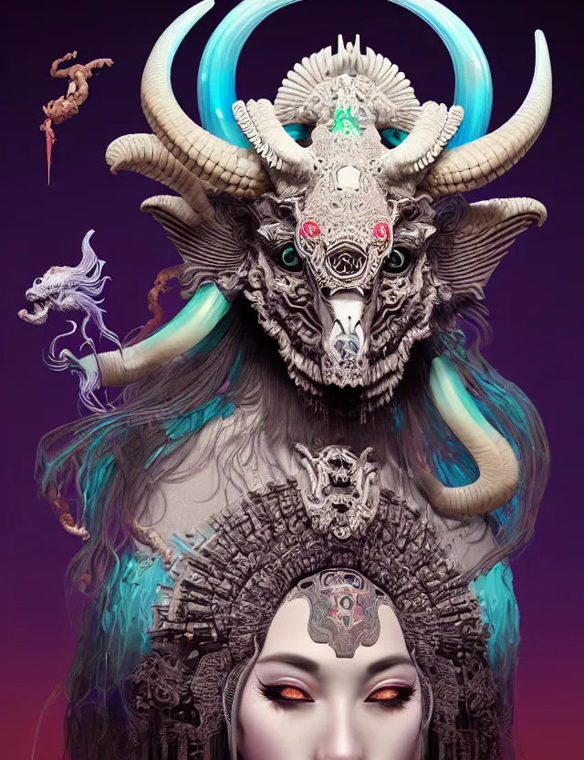 Image similar to 3 d goddess close - up profile portrait of satanic with ram skull. beautiful intricately detailed japanese crow kitsune mask and clasical japanese kimono. betta fish, jellyfish phoenix, bio luminescent, plasma, ice, water, wind, creature, artwork by tooth wu and wlop and beeple and greg rutkowski