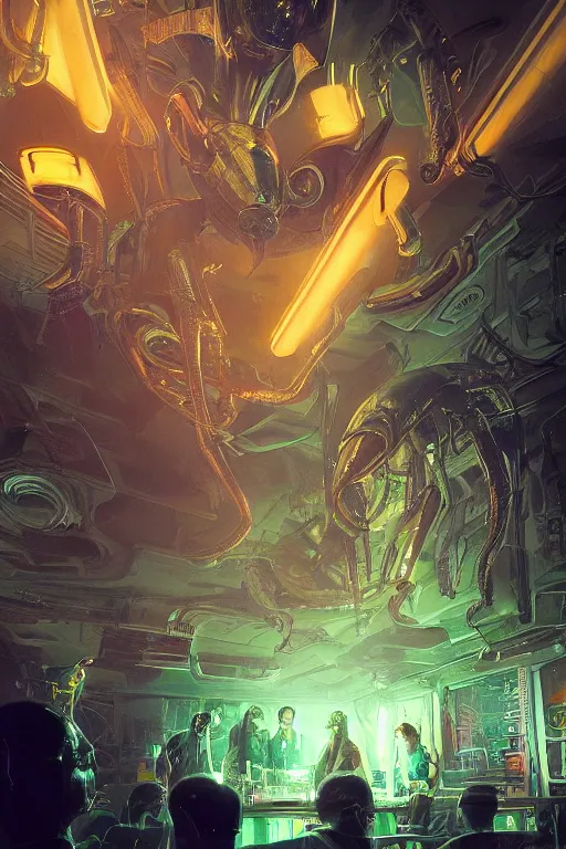 Image similar to Alien beetle bugs from another planet visit a jazz nightclub in Harlem, an epic painting, volumetric lighting, intricate, elegant, highly detailed, digital painting, artstation, concept art, smooth, sharp focus, art by Maciej Kuciara