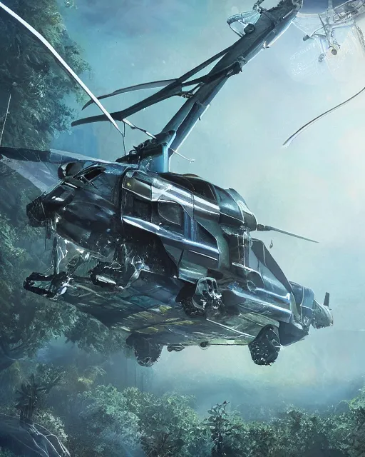 Image similar to helicopter made of diamonds, scifi, alien design, tropical forest, cinematic, detailed, sharp focus, high quality, 4 k, high detail, trending on artstation