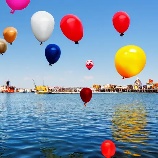 Prompt: photo of a lot of birthday balloons floating above a beautiful maritime port. sharp focus, highly - detailed, award - winning