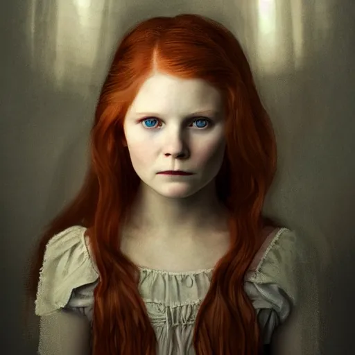 Image similar to majestic gracious regal aristocratic redhead child version of kirsten dunst as the vampire child claudia portrait, indoors, atmospheric lighting, painted, intricate, volumetric lighting, beautiful, rich deep colours masterpiece, sharp focus, ultra detailed, by leesha hannigan, ross tran, thierry doizon, kai carpenter, ignacio fernandez rios