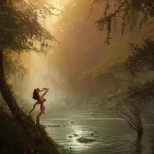 Prompt: forest nymph rising from the water. view from behind, wide angle view, back view. james gurney, james jean, greg rutkowski, anato finnstark. trending on artstation, starlight, and enchanted dreams