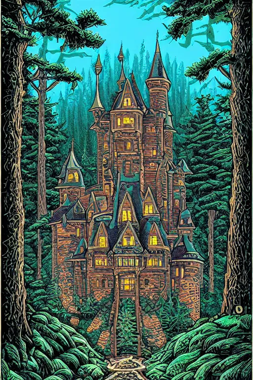 Image similar to A castle in the forest by Dan Mumford