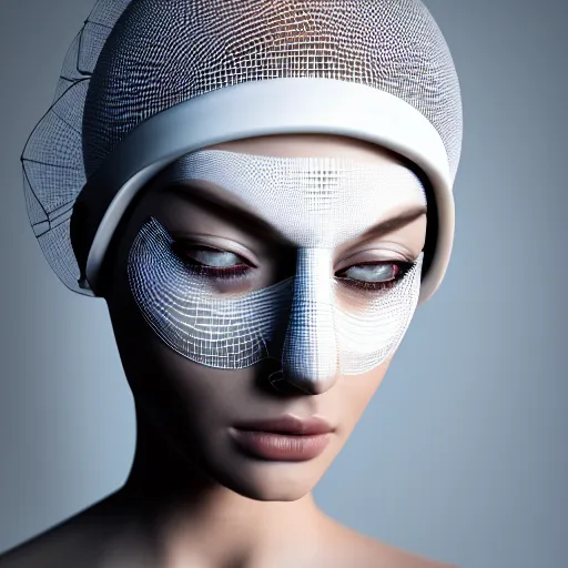 Image similar to complex 3 d render, ultra detailed, beautiful natural light, studio lights, rim light, a woman wearing a white mask with black wires on her head, featured on behance, net art, made of wire, 5 0 mm lens, elegant, hyper realistic, ultra detailed, octane render, volumetric lighting, 8 k post - production