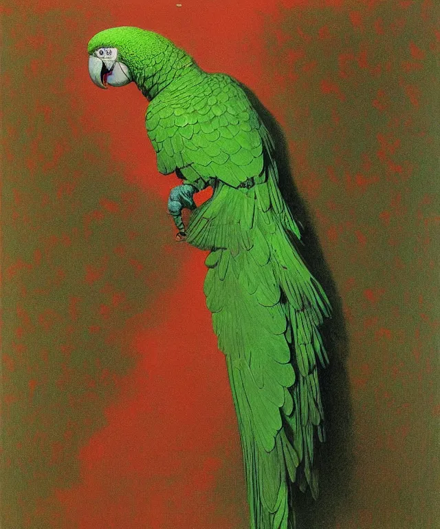 Image similar to beautiful emerald green parrot with red aura and eyes, by zdzisław beksinski, by gustave dore