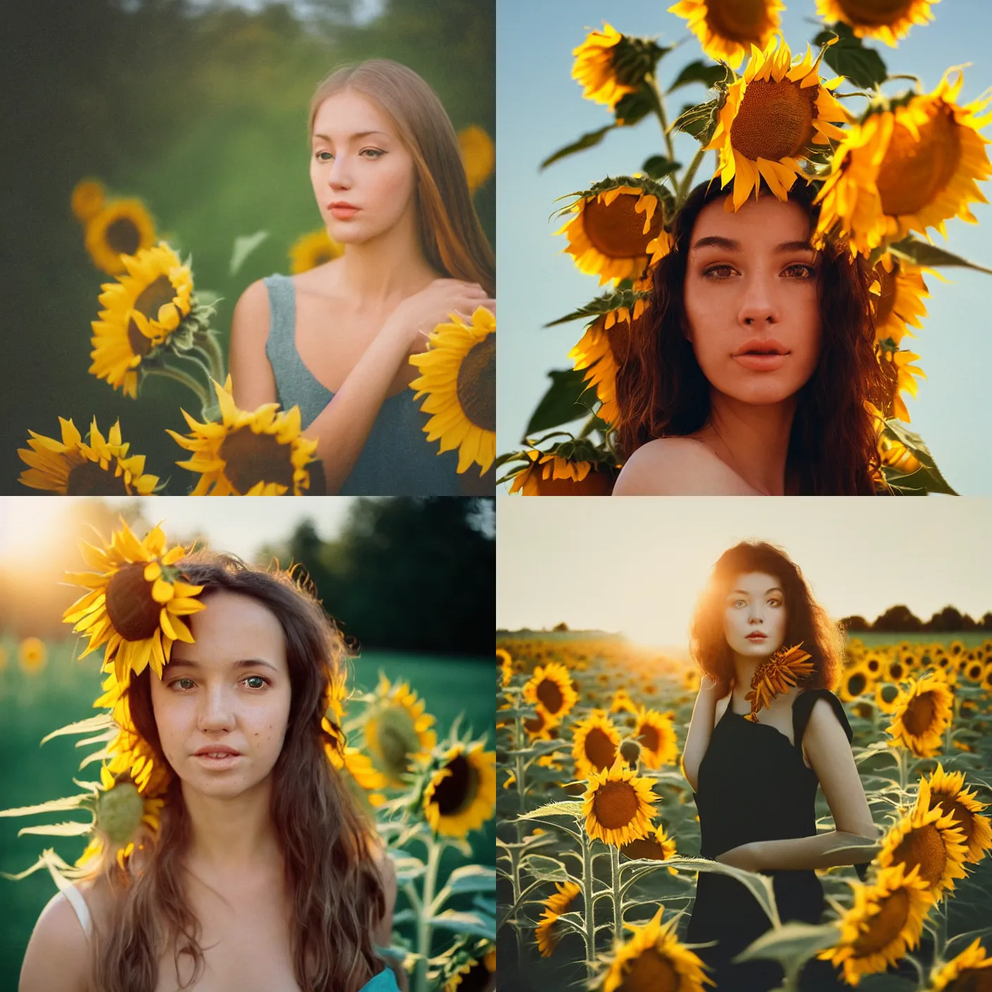 Prompt: An analog head and shoulder frontal face portrait photography of a woman surrounded by multiple oversized sunflowers by Oleg Oprisco. Kodak Portra 800 film. Depth of field. whirl bokeh. Sunshine. Golden hour. detailed. hq. realistic. warm light. muted colors. Moody. Filmic. Dreamy. lens flare. Leica M9, f/1.2, symmetrical balance, in-frame