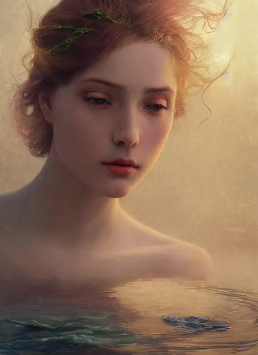 Image similar to hyper realist matte digital painting of a young beautiful woman, beautiful face, jugendstill, floating in water, bubbles rising, seaweed, fairytale, fantasy art, photo realistic, dynamic lighting, artstation, volumetric lighting, by mucha, by charlie bowater, by karol bak, by alma tadema