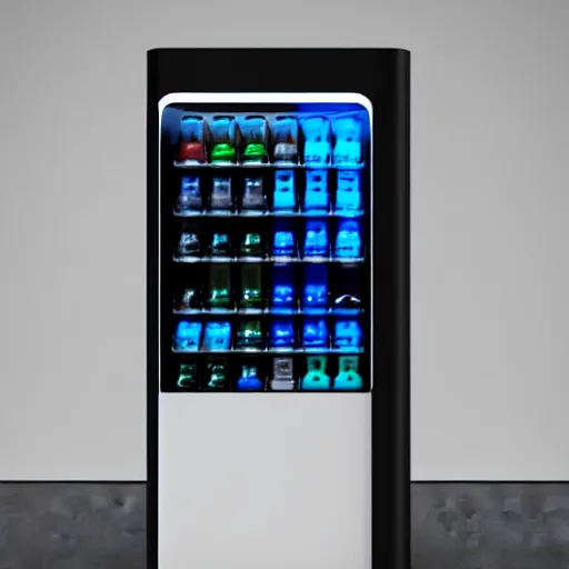 Prompt: award winning product photography of a sleek, futuristic, minimalist vending machine designed by apple, studio lighting, white background, 8 k, ultra detailed,