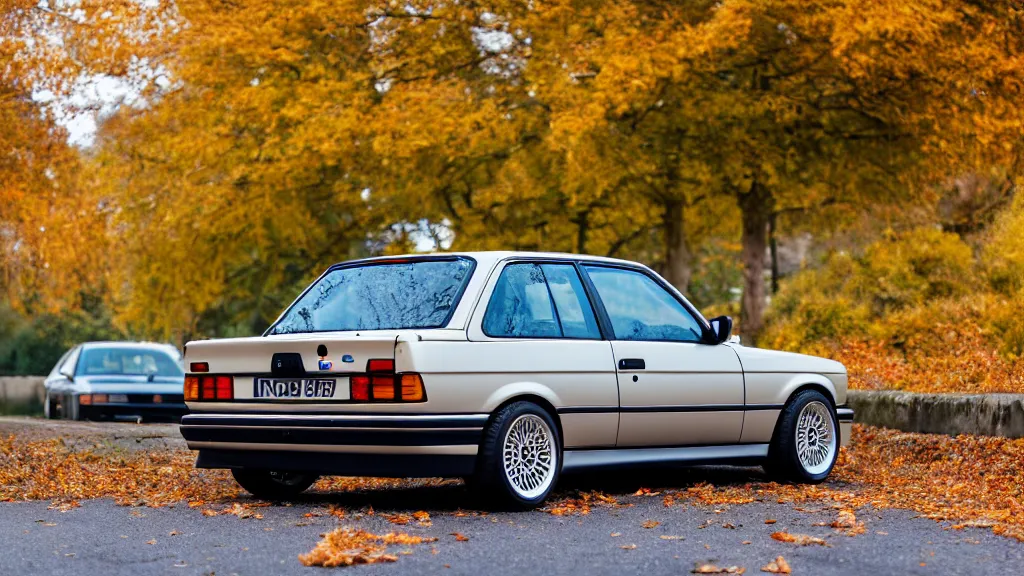 Image similar to a rear shot of a modified bmw e 3 0 driving through autumn leaves, motion blur, 3 5 mm photography, car photography, clean lines, realistic