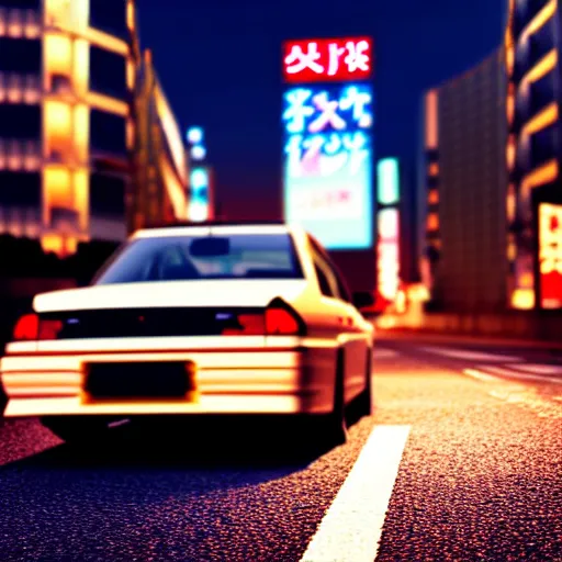 Image similar to a car driving JZX100 in middle of road, shibuya prefecture, city sunset, cinematic color, photorealistic, highly detailed, bokeh, DOF, octane render