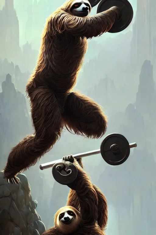 Image similar to anthro sloth lifting weights, dim dingy gym, dynamic pose, fantasy, intricate, elegant, highly detailed, digital painting, artstation, concept art, matte, sharp focus, illustration, art by artgerm and greg rutkowski and alphonse mucha