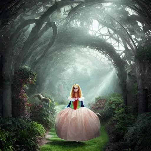 Image similar to full body pose, hyperrealistic photograph of alice in wonderland, dim volumetric lighting, 8 k, octane beautifully detailed render, extremely hyper detailed, intricate, epic composition, cinematic lighting, masterpiece, trending on artstation, very very detailed, stunning, hdr, smooth, sharp focus, high resolution, award, winning photo, dslr, 5 0 mm