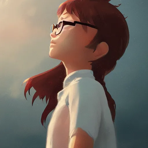 Prompt: A young girl with glasses looking to the sky, cinematic lighting, dramatic atmosphere, by Dustin Nguyen, Akihiko Yoshida, Greg Tocchini, Greg Rutkowski, Cliff Chiang, 4k resolution, trending on artstation