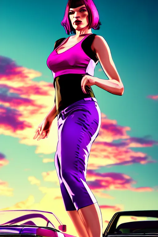 Prompt: a stunning GTA V loading screen Milla Jovovich with ombre purple pink hairstyle, hair blowing in the wind, hoop earrings, sunset mood, outrun, vaporware, retro, digital art, trending on artstation