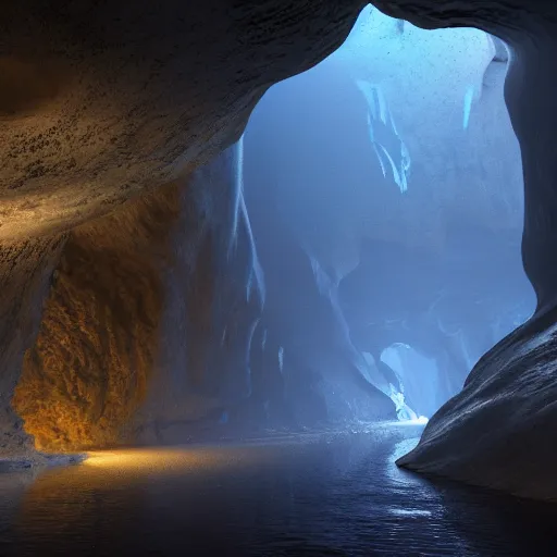 Prompt: travellers,beyond time ,the cathedrals in a underground vast cave canyon grotto, of life the beginning , geological strata,ground mist, falling water,deep clear pools of water,reflection,refraction, hyper-maximalist,micro details, 3d sculpture,,digital rendering,octane render , 4k, artstation, concept art ,amazing lighting, f42,deep depth of field,photographic, wide angle,cinematic lighting