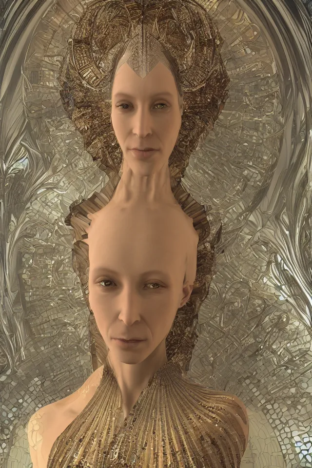 Image similar to portrait of a beautiful ancient alien techno matrix beautiful goddess in iris van herpen dress in diamonds and fractals in style of alphonse mucha art nuvo dmt trending on artstation made in unreal engine 4