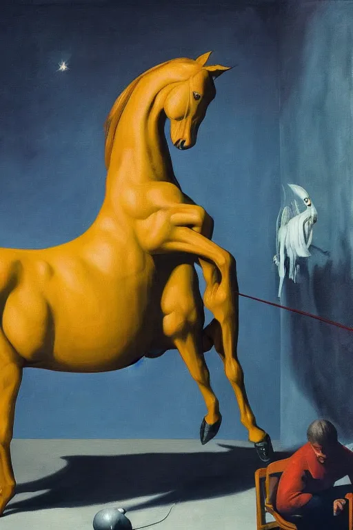 Image similar to a horse sits on a lying astronaut, hauntingly surreal, highly detailed painting by francis bacon, edward hopper, adrian ghenie, gerhard richter, and james jean soft light 4 k,