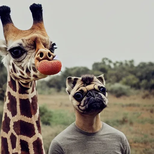 Image similar to a Giraffe-Pug Hybrid, A Giraffe that looks like a pug, huge tusks, afternoon hangout, good times photograph, candid