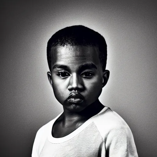 Image similar to the face of young kanye west wearing yeezy clothing at 7 years old, black and white portrait by julia cameron, chiaroscuro lighting, shallow depth of field, 8 0 mm, f 1. 8