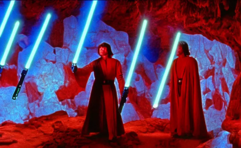 Image similar to screenshot of a crystal cave red gemstones, jedi master Luke Skywalker stands in the center of the red cave with his blue lightsaber, iconic scene from the 1970s thriller film directed by Stanely Kubrick film, color kodak, ektochrome, anamorphic lenses, detailed faces, moody cinematography