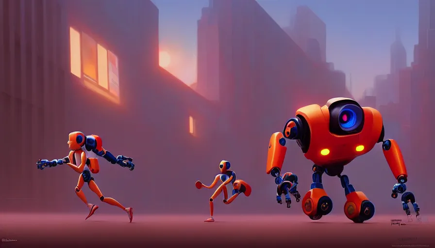 Prompt: running robots in a marathon, digital painting, illustration by pixar and greg hildebrandt and artgerm and greg rutkowski, artstation