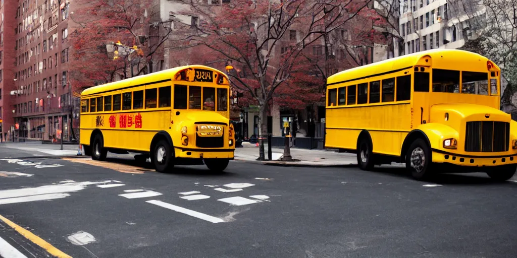 Image similar to Yellow school bus, driving towards a red japanese Torii gate at New York location in USA, ray tracing