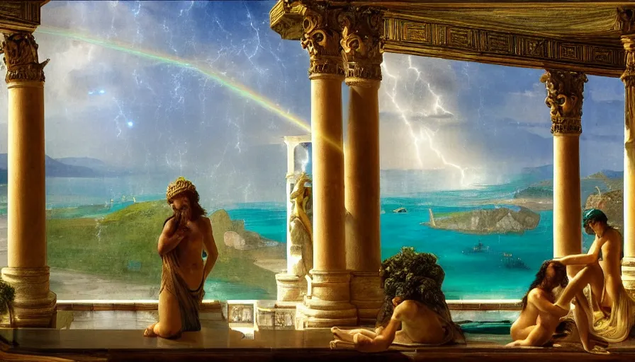 Image similar to From inside the balcony of the giant Palace, mediterranean balustrade and columns, refracted line and sparkles, thunderstorm, greek pool, beach and Tropical vegetation on the background major arcana sky and occult symbols, by paul delaroche, hyperrealistic 4k uhd, award-winning, very detailed paradise